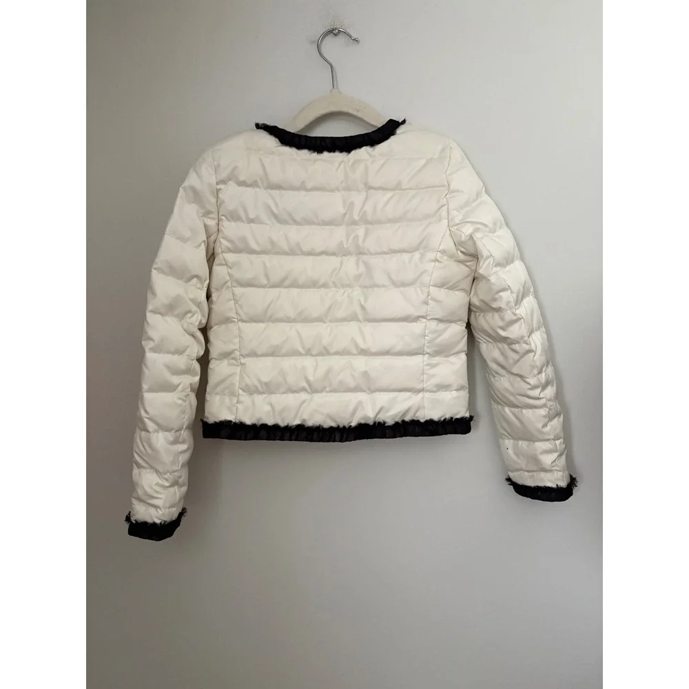 Juicy Couture Kid Size M Cream Puffer Jacket Black Ruffle Trim Gold Accent Y2K M